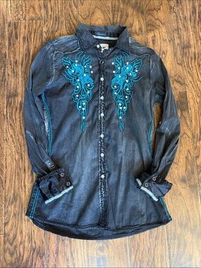 Roar Black Button-Down Shirt with Teal Embroidery, size women’s medium